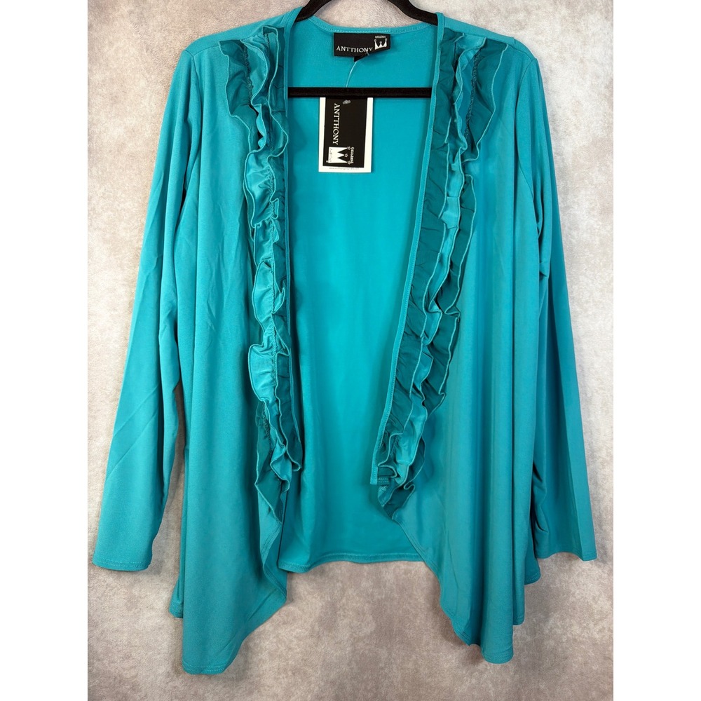 NWT ANTTHONY Original Turquoise Ruffle‎ Front Cardigan Sweater Women's Large